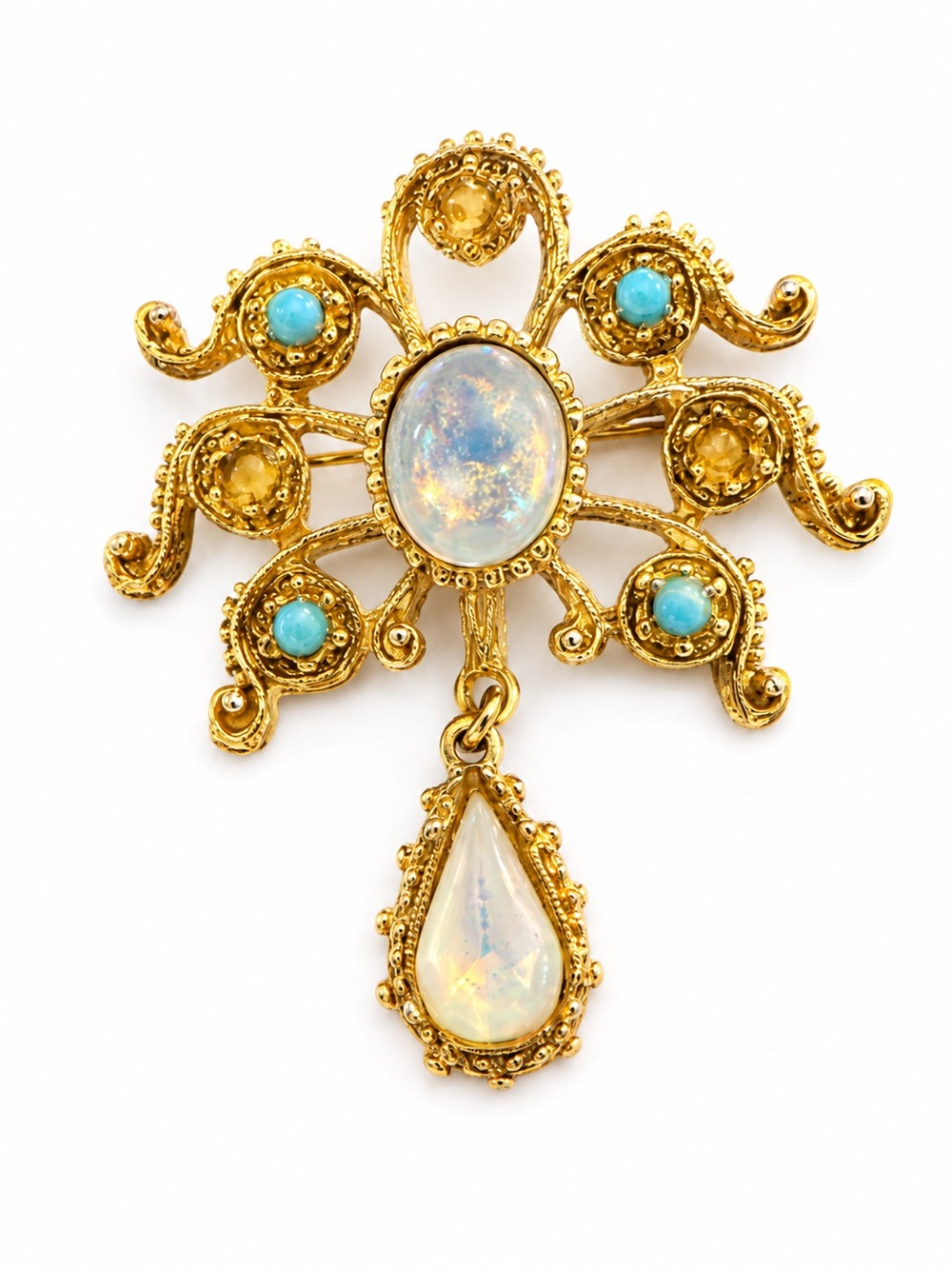 Vintage Gold Tone Opalescent Glass & Faux Turquoise‎ Dangle Brooch